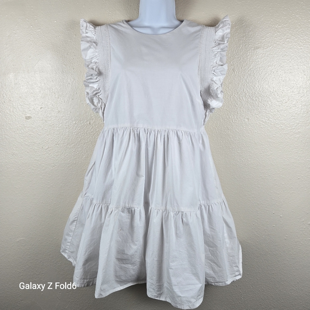 English Factory White Cotton Ruffle‎ Tiered Dress M Pockets Summer Casual Spring